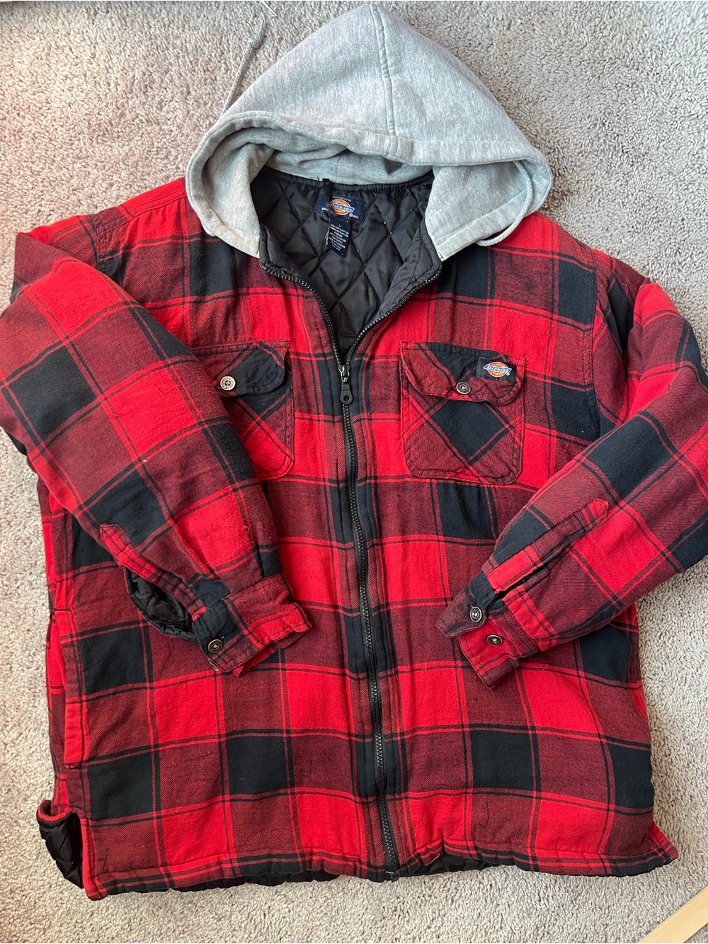 Dickies Jacket Mens Large Red Black Plaid Hooded Quilted Lined Workwear Flannel